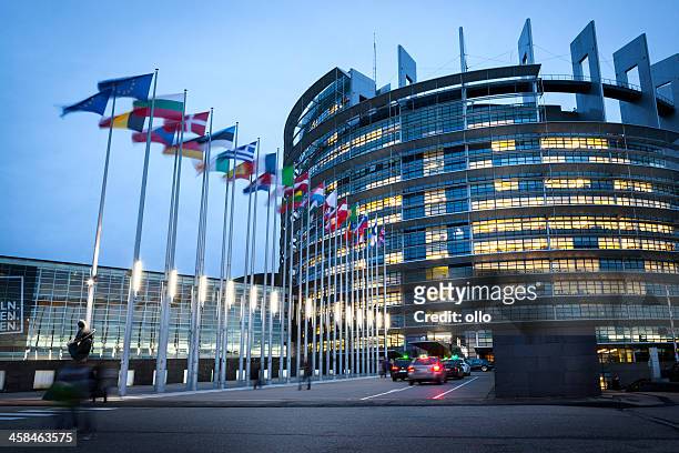 european parliament at dusk, strasbourg, france - european parliament stock pictures, royalty-free photos & images