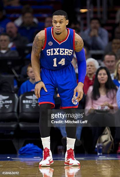 McDaniels of the Philadelphia 76ers plays in the game against the Miami Heat on November 1, 2014 at the Wells Fargo Center in Philadelphia,...
