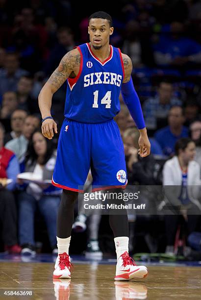McDaniels of the Philadelphia 76ers plays in the game against the Miami Heat on November 1, 2014 at the Wells Fargo Center in Philadelphia,...