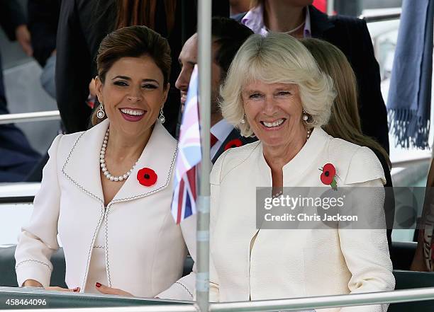 Camilla, Duchess of Cornwall sits on a canal boat with the First Lady of Monterrey Gretta Salinas de Medina at a an Official Welcome at the Parque...