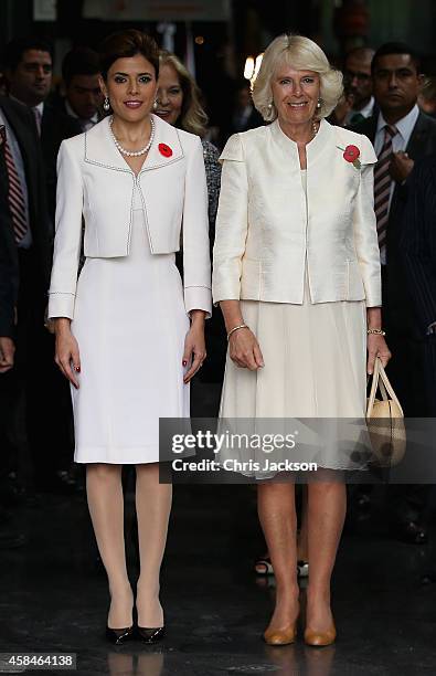 Camilla, Duchess of Cornwall and First Lady of Monterrey Gretta Salinas de Medina at an Official Welcome at the Parque Fundidora on November 5, 2014...
