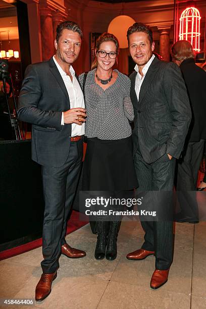 Hardy Krueger jr., Stefanie Mensing and her husband Roman Knizka attend the Re-Opening of the 'La Banca' restaurant at Hotel de Rome on November 05,...