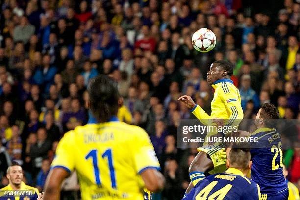 Chelsea's Kurt Zouma jumps for the ball during the UEFA Champions League Group G football match between NK Maribor and Chelsea in Maribor, Slovenia...