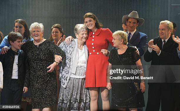 Cast member Gemma Arterton and the company of "Made In Dagenham" bow with real-life Dagenham strikers Eileen Pullen, Vera Sime and Sheila Douglass...