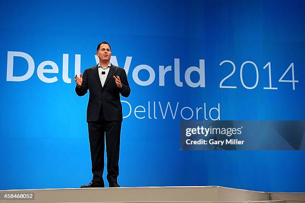 Michael Dell gives the keynote address to Dell employees to kick off Dell World 2014 at the Austin Convention Center on November 5, 2014 in Austin,...