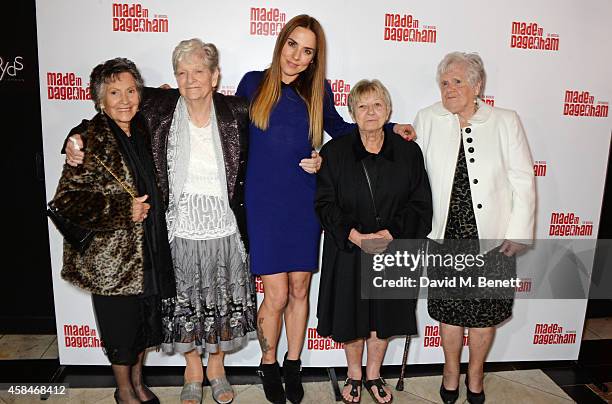 Mel C poses with Real-life Dagenham strikers Gwen Davis, Eileen Pullen, Sheila Douglass and Vera Sime attend an after party following the press night...