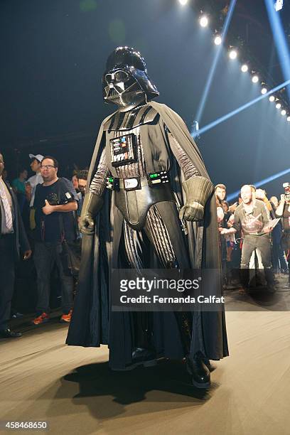 Darth Vader costume greets the crowd at the Triton fashion show during Sao Paulo Fashion Week Winter 2015 at Parque Candido Portinari on November 5,...