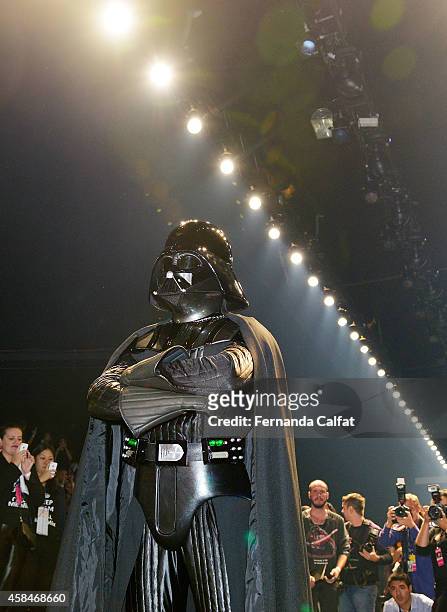 Darth Vader costume greets the crowd at the Triton fashion show during Sao Paulo Fashion Week Winter 2015 at Parque Candido Portinari on November 5,...
