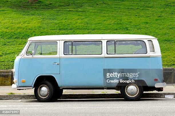 blue volkswagen bus in alamo square san francisco - volkswagen stock pictures, royalty-free photos & images
