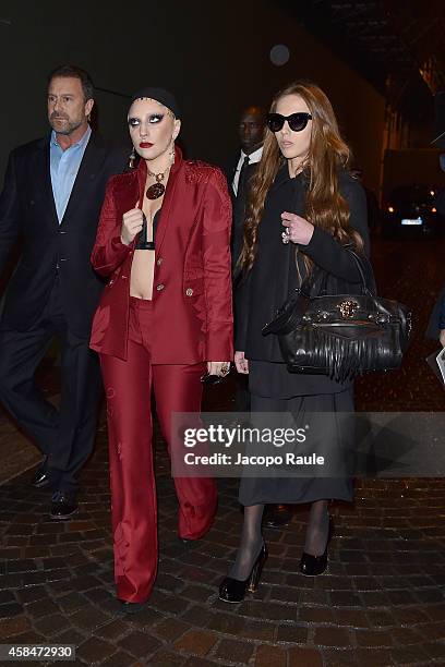 Lady Gaga and Allegra Versace are seen leaving Park Hyatt Hotel on November 5, 2014 in Milan, Italy.