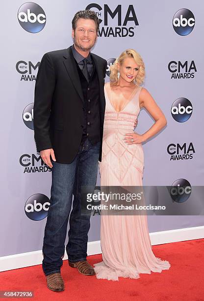 Blake Shelton and Miranda Lambert attend the 48th annual CMA Awards at the Bridgestone Arena on November 5, 2014 in Nashville, Tennessee.