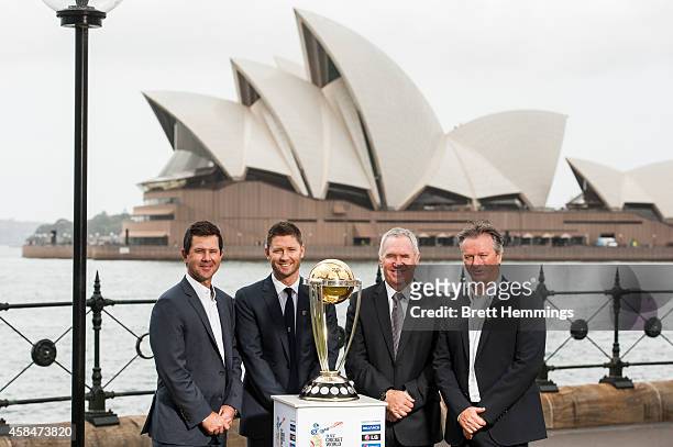 Ricky Ponting, Michael Clarke, Allan Border and Steve Waugh pose for a photo with the ICC Cricket World Cup Trophy during the ICC 2015 Cricket World...