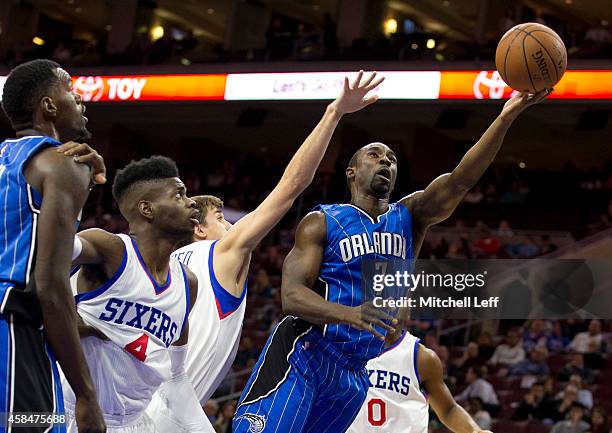 Ben Gordon of the Orlando Magic attempts a shot in the second quarter against the Philadelphia 76ers on November 5, 2014 at the Wells Fargo Center in...