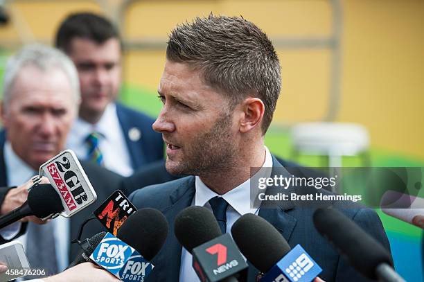 Michael Clarke speaks to the media during the ICC 2015 Cricket World Cup 100 days to go announcement on November 6, 2014 in Sydney, Australia.