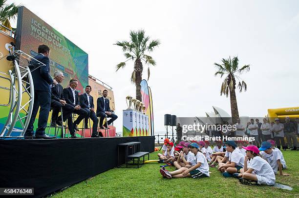 Ricky Ponting, Michael Clarke, Allan Border and Steve Waugh speak on stage during the ICC 2015 Cricket World Cup 100 days to go announcement on...