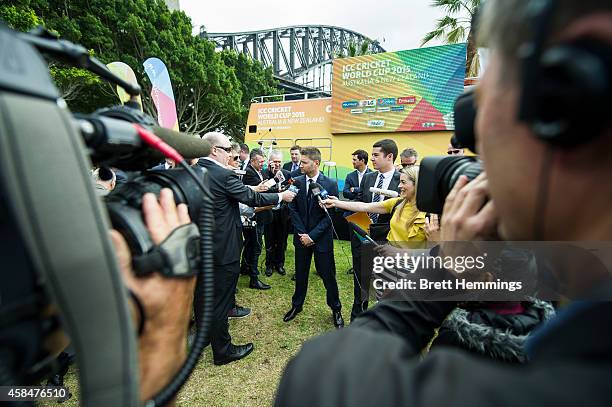 Michael Clarke speaks to the media during the ICC 2015 Cricket World Cup 100 days to go announcement on November 6, 2014 in Sydney, Australia.