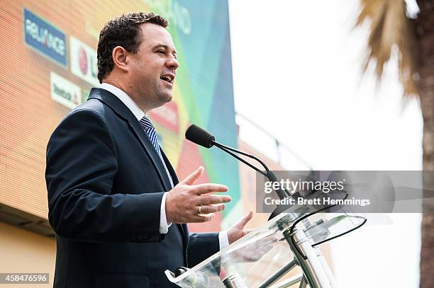 Minister Stuart Ayres speaks on stage during the ICC 2015 Cricket World Cup 100 days to go announcement on November 6, 2014 in Sydney, Australia.