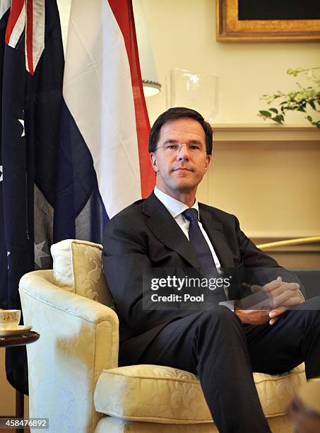 The Netherlands Prime Minister Mark Rutte sits for talks with Australian Governor-General Peter Cosgrove at Government House in on November 6, 2014...