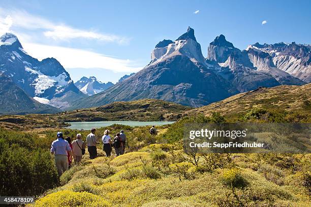 torres del paine national park chile - cuernos del paine stockfoto's en -beelden