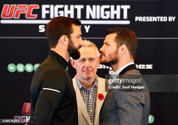 Opponents Luke Rockhold of the United States and Michael Bisping of England face off during the UFC Fight Night press conference at the Opera Point...