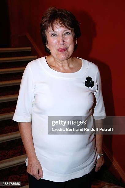 Politician Roselyne Bachelot Narquin attends the 150th Representation of the 'Je prefere qu'on reste amis' : Theater Play at Theatre Antoine on...