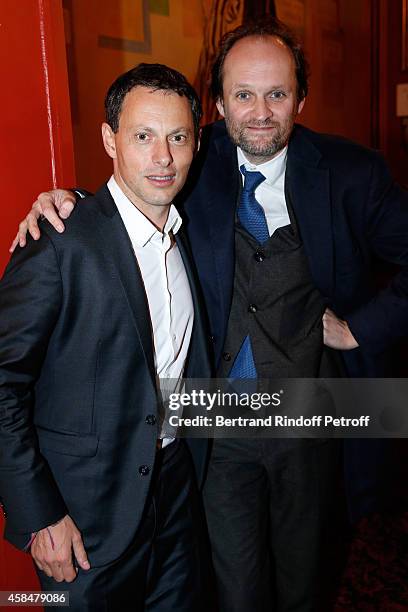 Marc Olivier Fogiel and Jean-Marc Dumontet attend the 150th Representation of the 'Je prefere qu'on reste amis' : Theater Play at Theatre Antoine on...