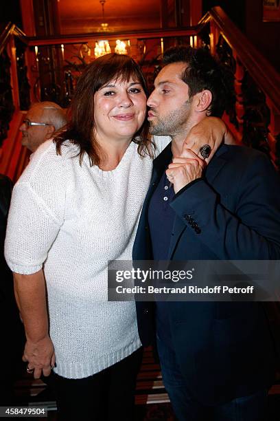 Actors of the piece Michele Bernier and Frederic Diefenthal pose after the 150th Representation of the 'Je prefere qu'on reste amis' : Theater Play...