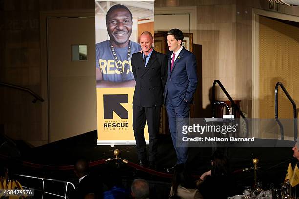 Recording artist Sting and IRC President and CEO David Miliband honor the humanitarian aid workers around the world at the Annual Freedom Award...