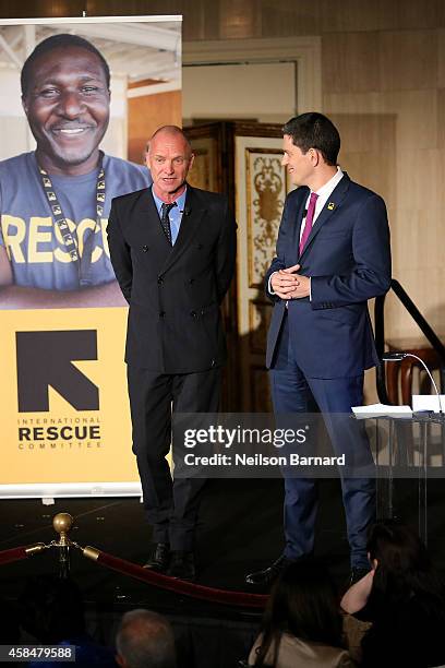 Recording artist Sting and IRC President and CEO David Miliband honor the humanitarian aid workers around the world at the Annual Freedom Award...