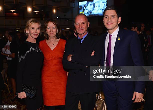 Trudie Styler, Louise Shackelton, Sting, and IRC President and CEO David Miliband attend the Annual Freedom Award Benefit Event hosted by...