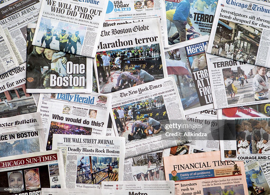 Boston Marathon Bombing headline collage featuring globe