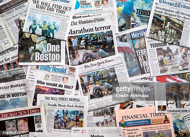 boston marathon bombing headline collage featuring globe - terrorism stock pictures, royalty-free photos & images