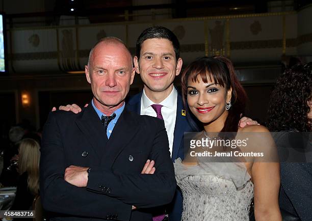 Sting, IRC President and CEO David Miliband, and opera singer Danielle de Niese attend the Annual Freedom Award Benefit Event hosted by International...