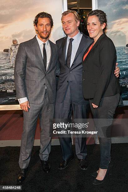 Actor Matthew McConaughey, director Christopher Nolan, and producer Emma Thomas attend the "Interstellar" premiere at the National Air and Space...