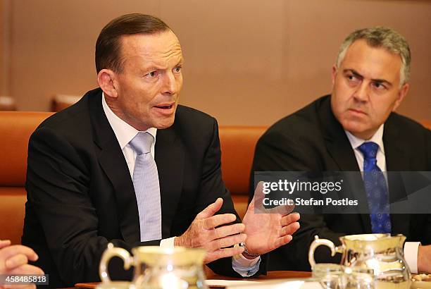 Australian Prime Minister Tony Abbott addresses Netherlands Prime Minister Mark Rutte during a meeting with Cabinet Ministers on November 6, 2014 in...