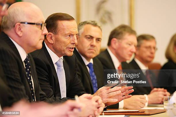 Australian Prime Minister Tony Abbott addresses Netherlands Prime Minister Mark Rutte during a meeting with Cabinet Ministers on November 6, 2014 in...