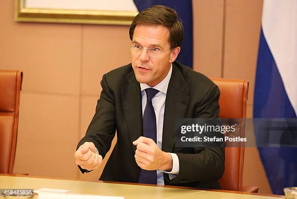 Netherlands Prime Minister Mark Rutte speaks during a meeting with Australian Prime Minister Tony Abbott and his Cabinet Ministers on November 6,...