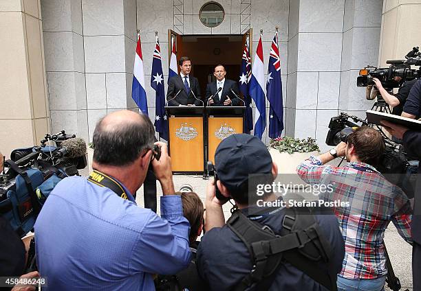 Netherlands Prime Minister Mark Rutte and Australian Prime Minister Tony Abbott speak to the media during a joint press conference on November 6,...