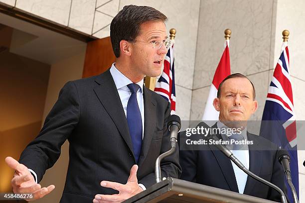 Netherlands Prime Minister Mark Rutte and Australian Prime Minister Tony Abbott speak to the media during a joint press conference on November 6,...