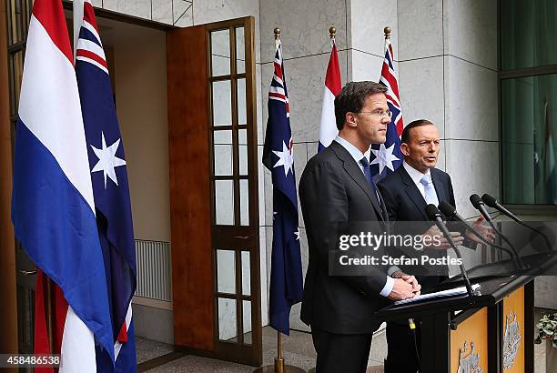 Netherlands Prime Minister Mark Rutte and Australian Prime Minister Tony Abbott speak to the media during a joint press conference on November 6,...