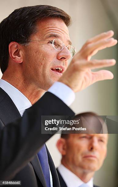 Netherlands Prime Minister Mark Rutte and Australian Prime Minister Tony Abbott speak to the media during a joint press conference on November 6,...