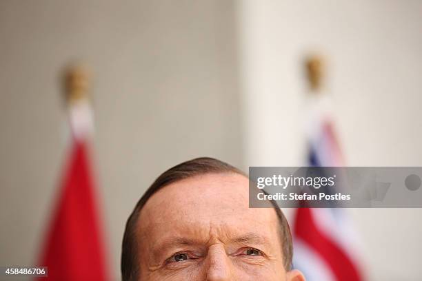 Australian Prime Minister Tony Abbott during a joint press conference with Netherlands Prime Minister Mark Rutte on November 6, 2014 in Canberra,...