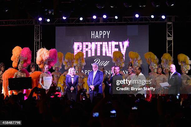 Singer Britney Spears, Clark County Commissioner Steve Sisolak, Regional President of Planet Hollywood Resort & Casino, Bally's Las Vegas and Paris...