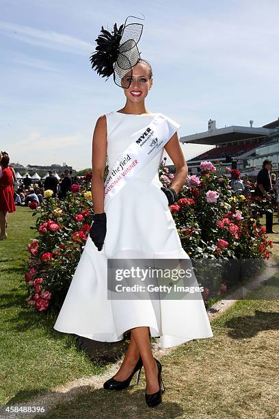 Myer Fashions on the Field Women's Racewear National Final winner Brodie Worrell poses in the Fashion on the Field enclosure on Crown Oaks Day at...