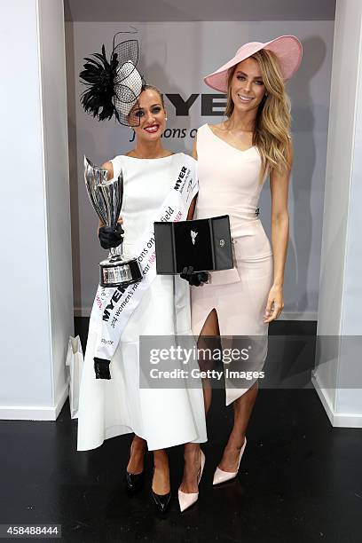 Myer Fashions on the Field Women's Racewear National Final winner Brodie Worrell and face of Myer Jennifer Hawkins pose in the Fashion on the Field...