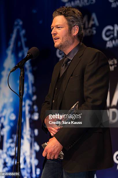 Blake Shelton wins Male Vocalist of the Year at the 48th annual CMA Awards at the Bridgestone Arena on November 5, 2014 in Nashville, Tennessee.