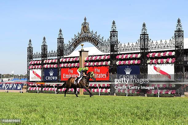 Damien Oliver ridding Vain Queen, wins race six, the G.H Mumm Stakes during Crown Oaks Day at Flemington Racecourse on November 6, 2014 in Melbourne,...