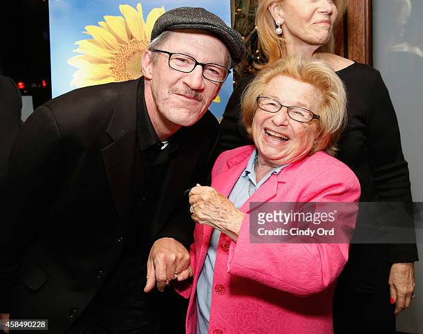 Actor Tom Dugan and media personality Dr. Ruth Westheimer attend the 'Wiesenthal, A New Play' opening night reception at West Bank Cafe on November...