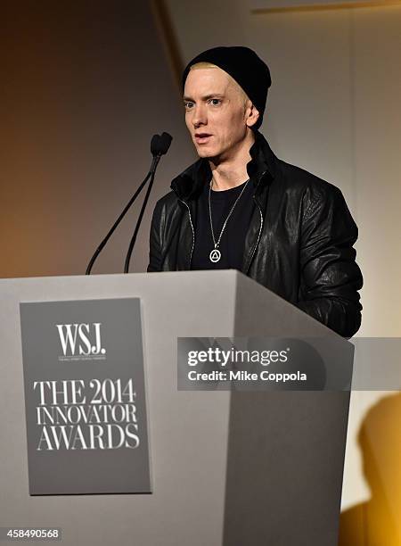 Eminem speaks onstage at WSJ. Magazine 2014 Innovator Awards at Museum of Modern Art on November 5, 2014 in New York City.