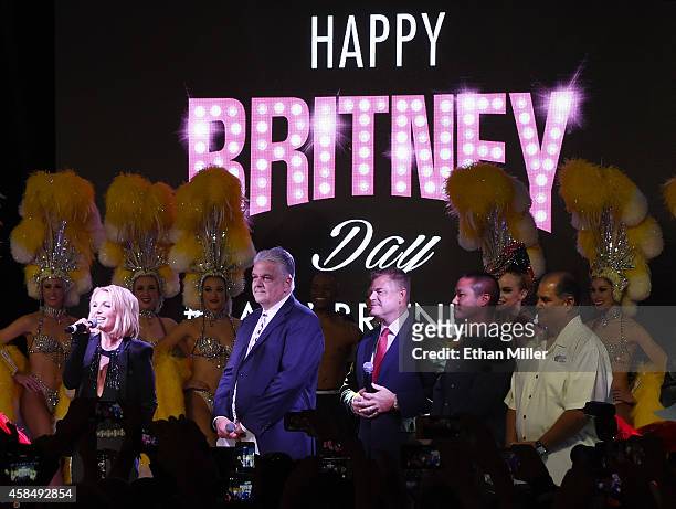 Singer Britney Spears, Clark County Commissioner Steve Sisolak, Regional President of Planet Hollywood Resort & Casino, Bally's Las Vegas and Paris...
